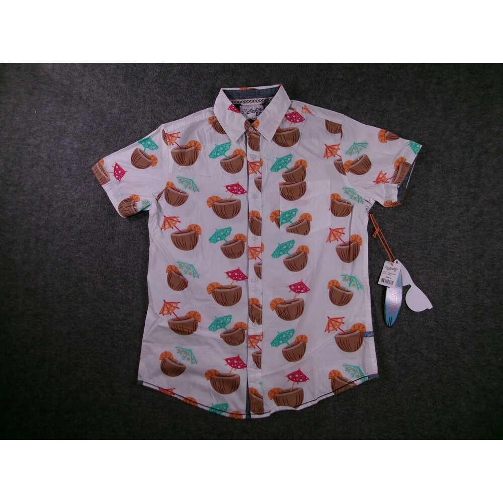Huntington BC Shirt Mens S Short Sleeve Button Up Tropical Coconut Print White